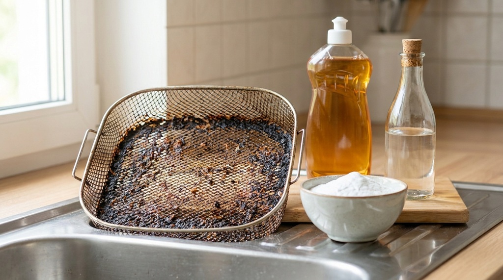 A dirty air fryer basket with burnt grease sitting next to baking soda and vinegar.