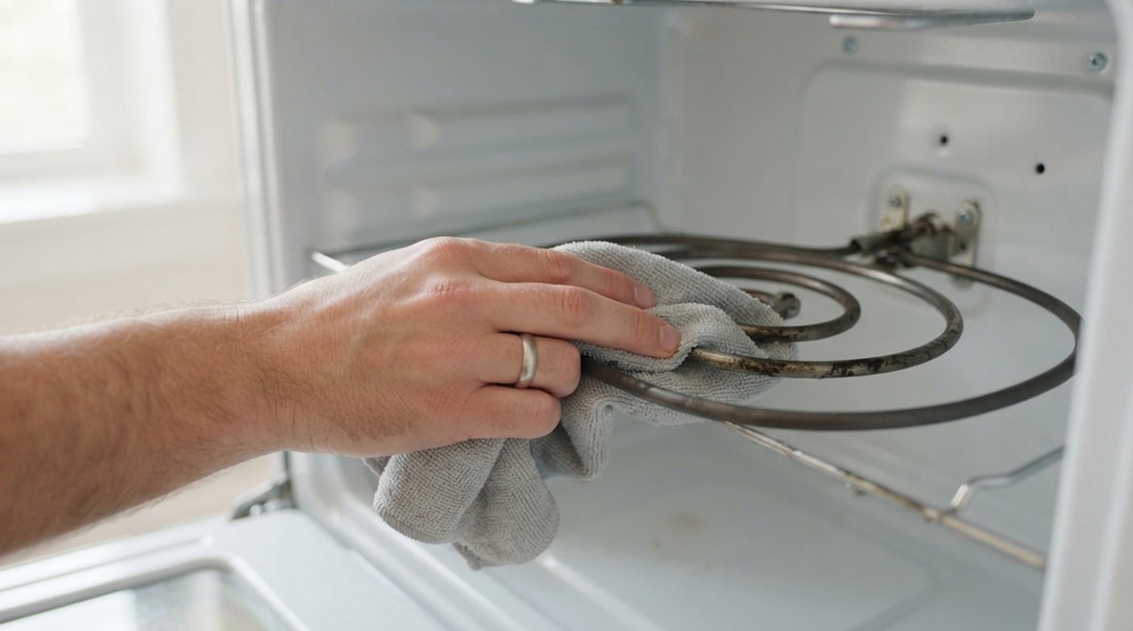 A man wiping a curved oven heating element with a damp microfiber cloth.
