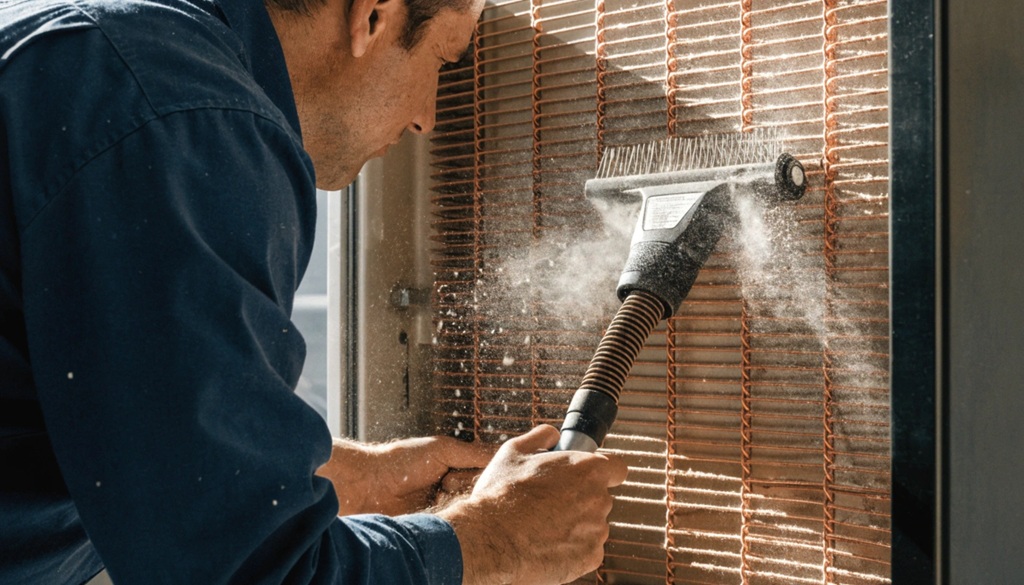 clean-refrigerator-coils-noise Man vacuuming dusty condenser coils behind refrigerator to stop noise.