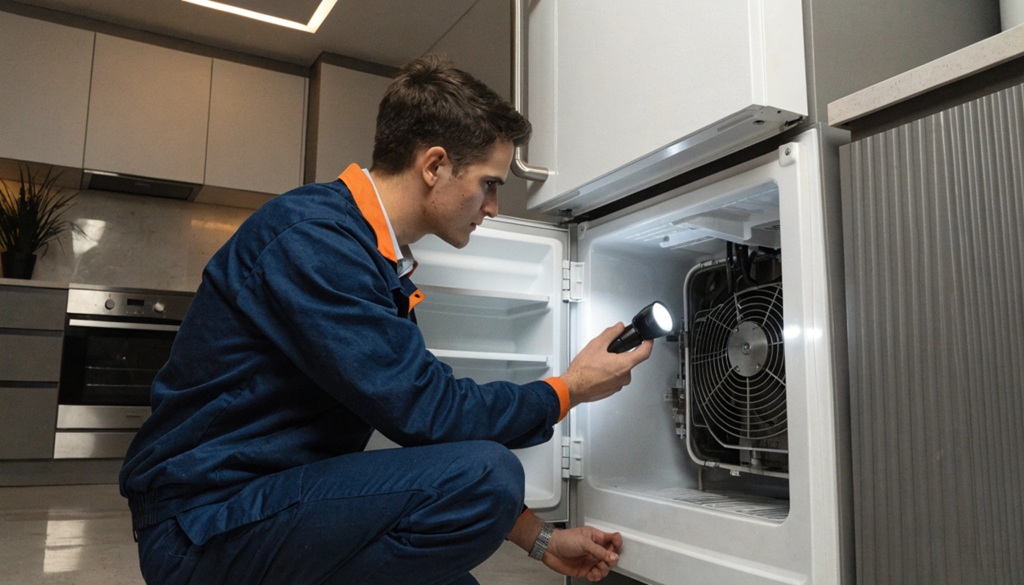 Man using flashlight to inspect motor behind refrigerator kitchen.