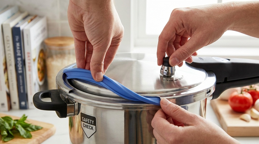 Man inspecting clean instant pot lid sealing ring before pressure cooking.
