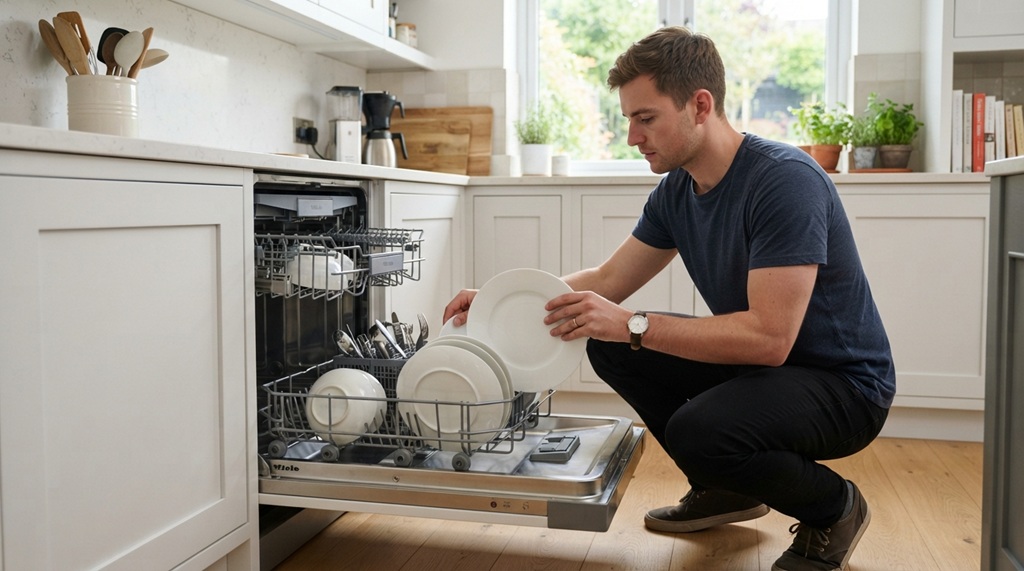 Man placing dishes into a dishwasher to save water and energy.