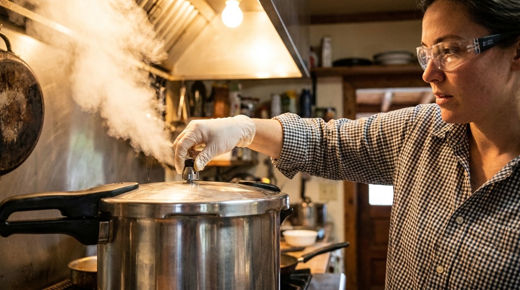 Man safely using wooden spoon to turn instant pot steam release valve.