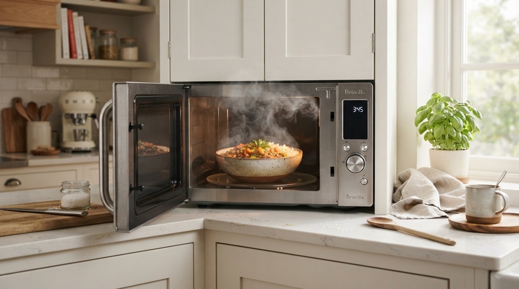 A bowl of steaming food inside an open microwave on a kitchen counter.