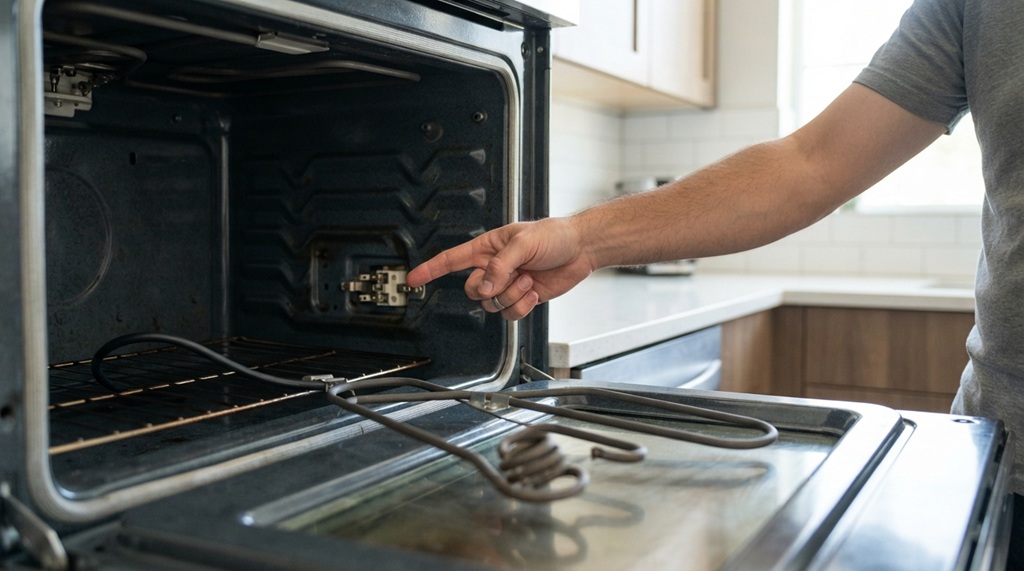 oven-heating-element-safety-inspection A man inspecting the unplugged electrical connection of an electric oven heating coil.