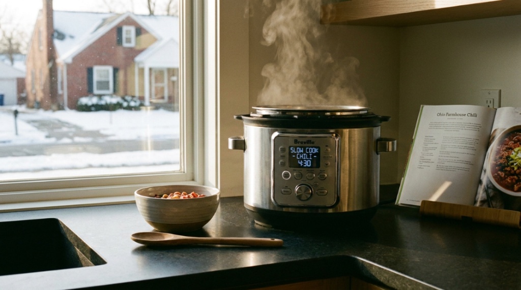 Modern appliance store display shelf filled with stainless steel multicookers in Ohio.