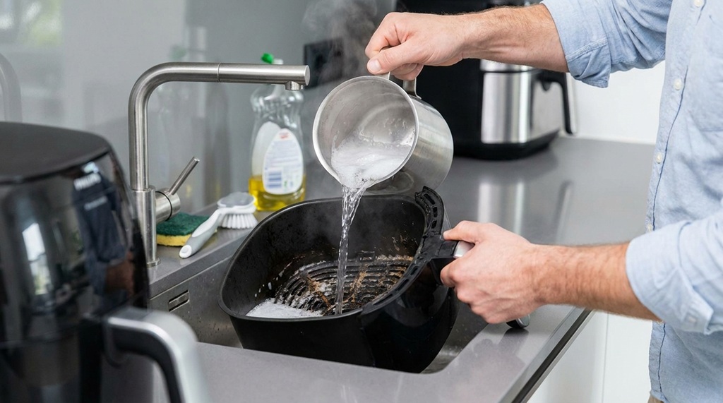 A man pouring warm soapy water into a dirty air fryer basket to soak.