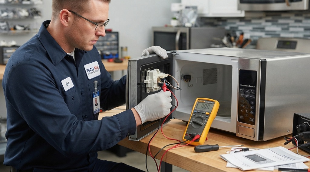 technician-troubleshooting-microwave-latch A male technician using a multimeter to check a microwave door latch.